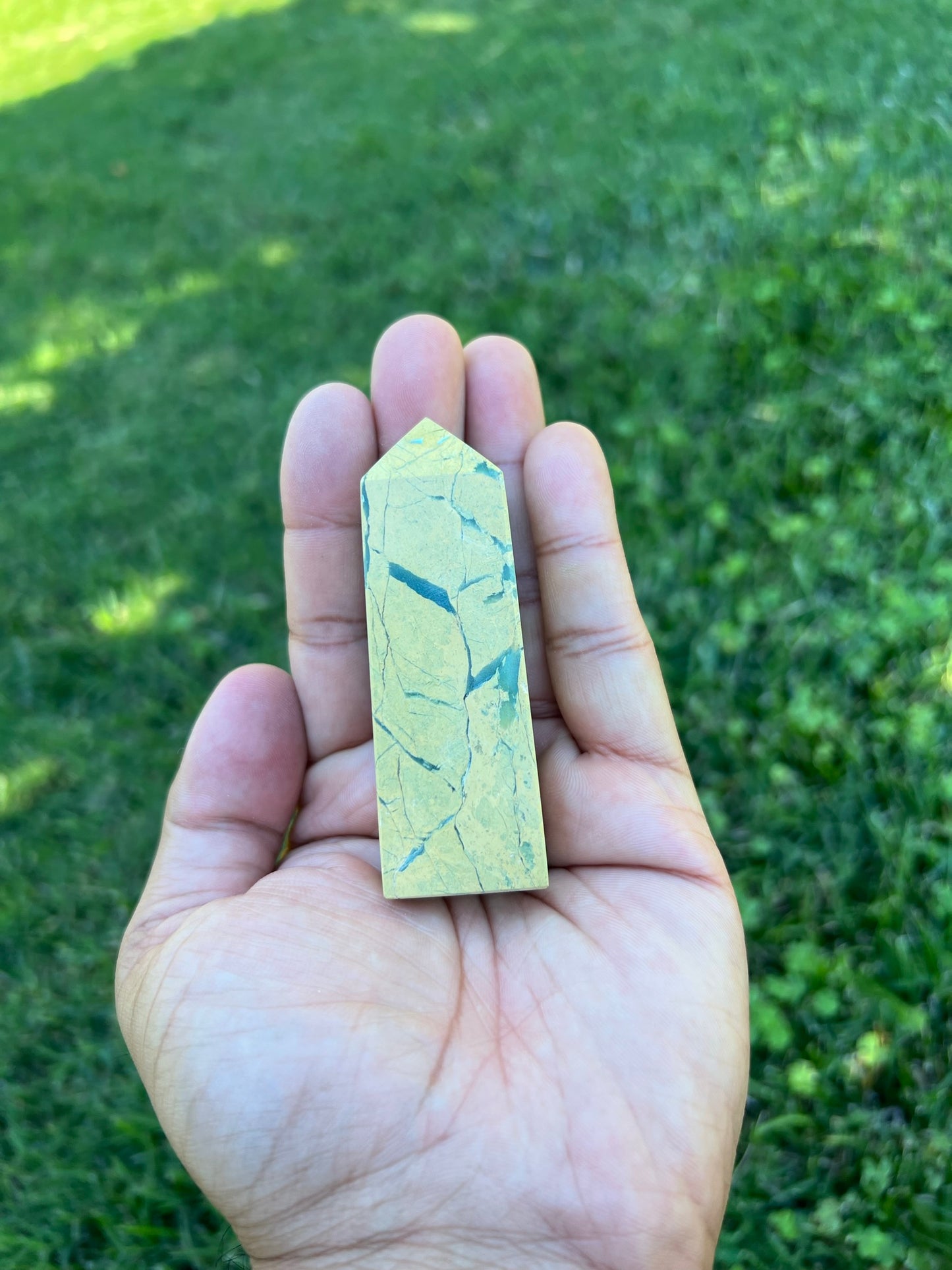 🌿 Connect with Nature's Energy with a Green Vein Jasper Tower! 🌿